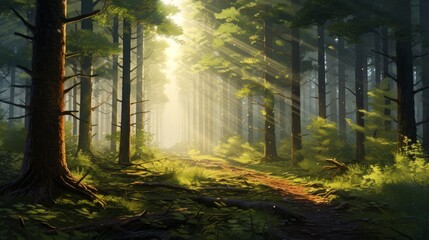 Fototapeta premium A tranquil forest scene with rays of sunlight piercing through the trees, evoking a sense of peace | generative ai