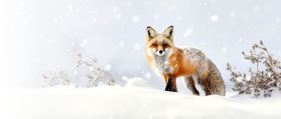 Fototapeta premium Fox in winter heavy snowfall in winter snowy landscape, made with generative ai