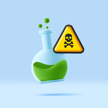 Glass Beaker With A Poisonous Green Liquid. 3d Icon With Skull And Bones Warning Sign