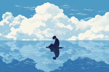 a person sits at deep blue water reflections, depressed, mental illness, loneliness, flat illustrations