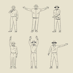 Fototapeta na wymiar Set of umpire poses, action outline vector illustration.
