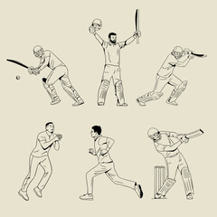 Set of player playing cricket match action poses line art championship vector illustration.
