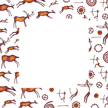Frame composed of isolated watercolor set of cave drawings of hunting people with bows and arrows, primitive drawings of the sun, spirals on a white background