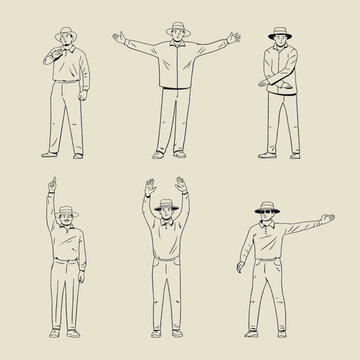Set of umpire poses, action outline vector illustration.