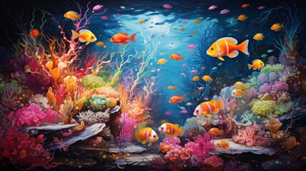 Fototapeta na wymiar Whimsical underwater world with exotic marine creatures, sparking curiosity and imagination | generative ai