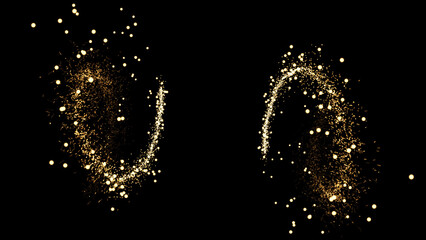 Golden particles flying tail shine glitter awards dust spark abstract on black background. Magical shimmering light.