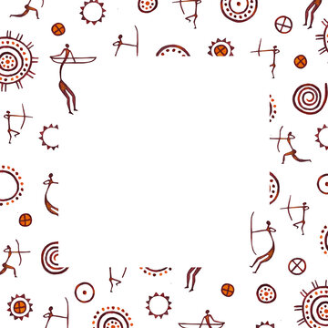 Frame composed of isolated watercolor set of cave drawings of hunting people with bows and arrows, primitive drawings of the sun, spirals on a white background