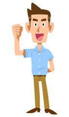 ガッツポーズする半袖シャツを着た男性
