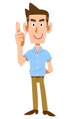 人差し指を立てて話す半袖シャツを着た男性
