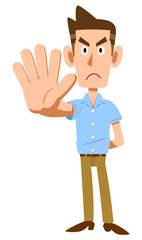 手で制止する半袖シャツを着た男性
