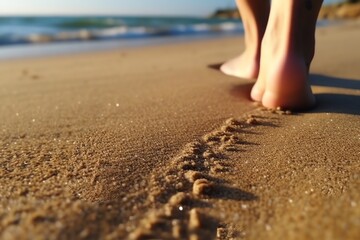 A foot stepping on a sandy beach on a relaxing summer