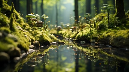 Tilt-shift photography of a sprawling forest landscape, creating a miniature-like effect. (Generative AI)
