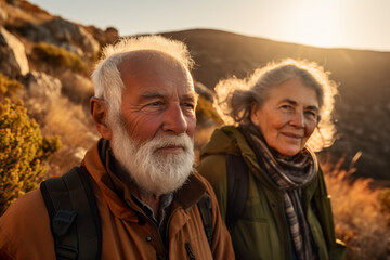 Happy senior couple hiking with backpacks in mountains in autumn at sunset enjoying nature, AI generated