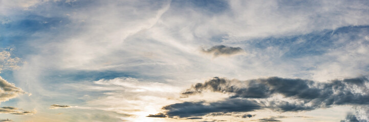 Blue sky panorama with cloud on a sunny day. Beautiful 180 degree panoramic image.