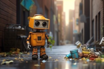 Cute sanitation worker robot collecting trash wallpaper