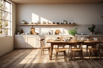Fototapeta na wymiar Light new kitchen furniture. Shelves with dishes and plants in pots, utensils, small refrigerator, chairs and table in Scandinavian dining room, panorama, empty space