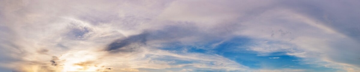 Obraz premium Blue sky panorama with storm cloud on a cloudy day. Beautiful 180 degree panoramic image.
