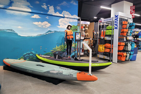 PENANG, MALAYSIA - 18 JUNE 2023: Interior view of Decathlon sporting goods retailer store in Penang. Decathlon is a French sporting goods retailer,  with over 2080 stores in 56 countries and regions.