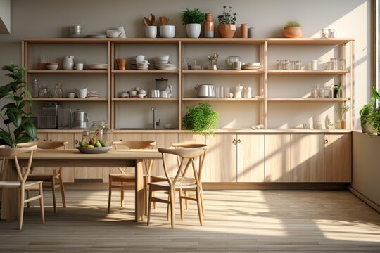 Light new kitchen furniture. Shelves with dishes and plants in pots, utensils, small refrigerator, chairs and table in Scandinavian dining room, panorama, empty space