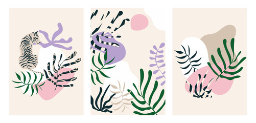 A set of three minimalistic vector illustrations with a tiger and plants