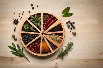 Fototapeta na wymiar Fresh organic herbs and spices elements isolated over a transparent background,rosemary twig and leaves, thyme, oregano, basil, green and black pepper, top view, 