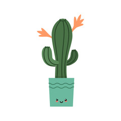 Cute cactus. Flat illustration of a kawaii smiling succulent in a flower pot. Vector 10 EPS.