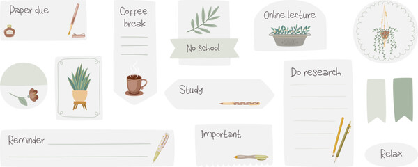 Ready to use student digital stickers. Digital note papers and stickers for bullet journaling or planning. Back to school planner stickers. Vector art.