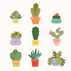 Set of cute cactuses. Flat illustration of kawaii smiling succulents in flower pots. Vector 10 EPS.