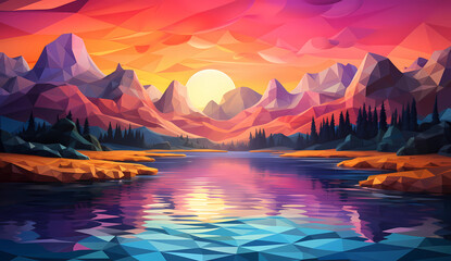 3D landscape with mountains and clouds at sunset, with cubist geometric shapes, light magenta and light azure, over a calm water lake. A fantasy world with luminous orange and pink colors.