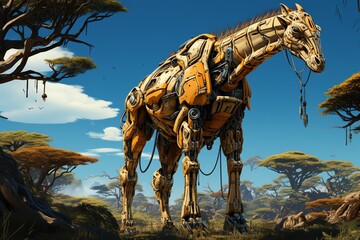 Fototapeta premium Robot giraffe foraging from the top of a acacia tree