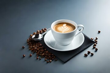 white cup and saucer with freshly brewed strong black espresso coffee with crema.