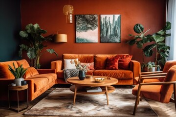 Luxury living room in house with modern interior design, orange velvet sofa, coffee table, pouf, gold decoration, plant, lamp, carpet, mock up poster frame and elegant accessories. 3d render