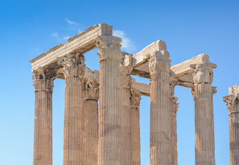 View in Athens of the columns of the temple of Zeus against the blue sky