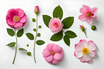  collection of ut-out colorful magenta floral or garden design elements, top view / flat labeautiful pink wild rose flowers, bud and leaf isolated over a transparent background, c