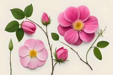  collection of ut-out colorful magenta floral or garden design elements, top view / flat pink wild rose flowers, bud and leaf isolated over a transparent background, c