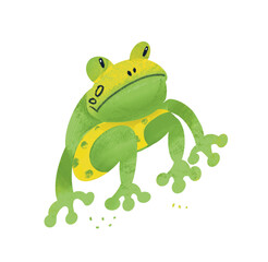 Cute funny frog for design. Drawing cartoon animal character for kids worksheet, book, game, poster. Vector illustration. Color drawing on white background. 