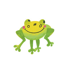 Cute funny smiling frog for design. Drawing cartoon animal character for kids worksheet, book, game, poster. Color Illustration drawing on white background. 