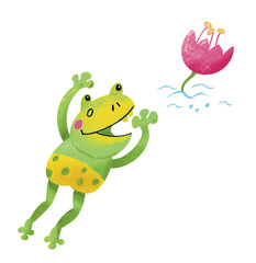 Cute funny jumping frog for design. Drawing cartoon animal character for kids worksheet, book, game, poster. Color illustration drawing on white background.  