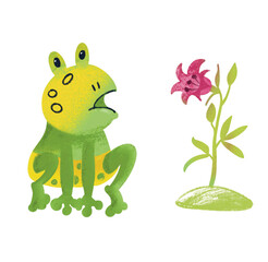 Cute funny surprised frog for design. Drawing cartoon animal character for kids worksheet, book, game, poster. Vector illustration. Color drawing on white background. 