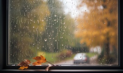 Autumn leaves dance in the rain outside the window