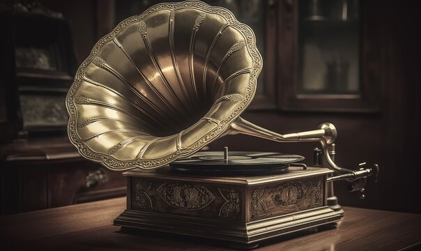 A nostalgic setting with a vintage gramophone resting on a wooden table. Creating using generative AI tools