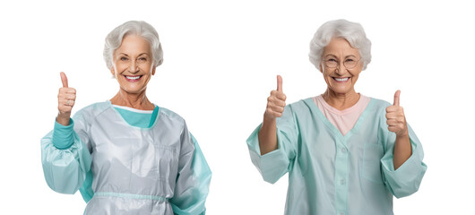 Smiling middle aged woman wearing a surgical gown, showing thumbs up
