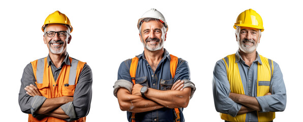 Middle age man construction worker smiling with arms crossed - obrazy, fototapety, plakaty