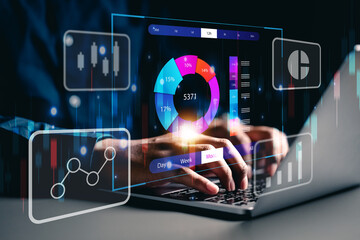 Investment saving financial strategy, buisness growth, strategy for finance concept. Analyst and data working management System on computer, make a report with KPI and metrics connected to database.