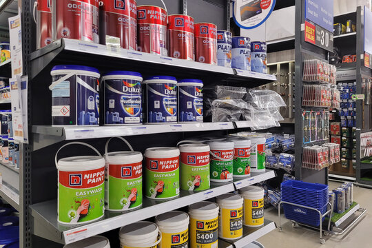 PENANG, MALAYSIA - 24 JUNE 2023: Wide range of paints and building materials in HomePro, Penang. HomePro is a hypermarket of home product and building construction in Malaysia. 