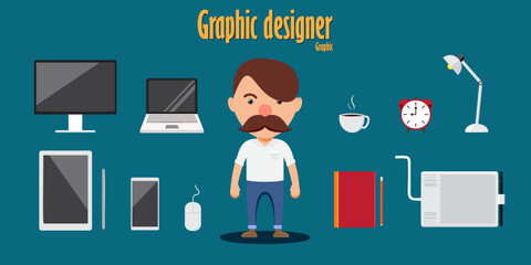 Young graphic designer man with equipment in work