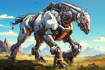 Naklejka premium Robot horse galloping on a lush meadow at sunrise