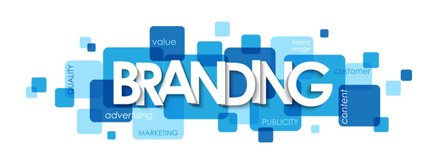 BRANDING vector typography banner on blue squares with keywords - 618409341