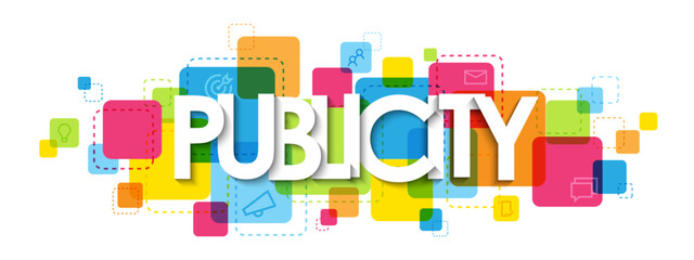 PUBLICITY vector typography banner on colorful squares with symbols