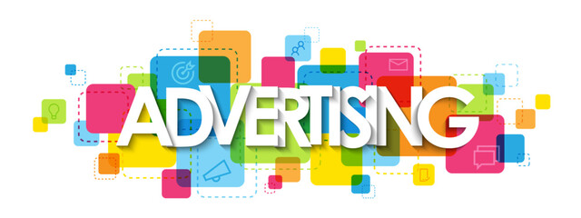 ADVERTISING vector typography banner on colorful squares with symbols